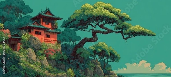 Obraz Japanese castle and Sakura tree. Traditional oriental painting style background. Generative AI technology.	
