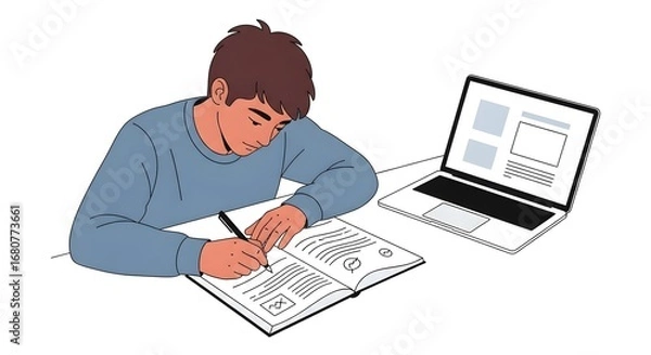 Fototapeta Young Boy Studying with Open Book and Laptop in Bright Room