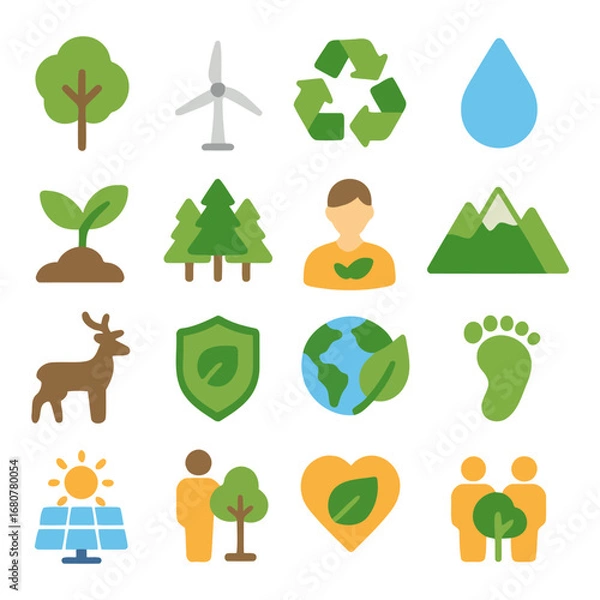 Fototapeta Eco Icons: Vibrant flat icons of nature and environmental elements, showcasing a commitment to green living, sustainability, and the preservation of our planet.