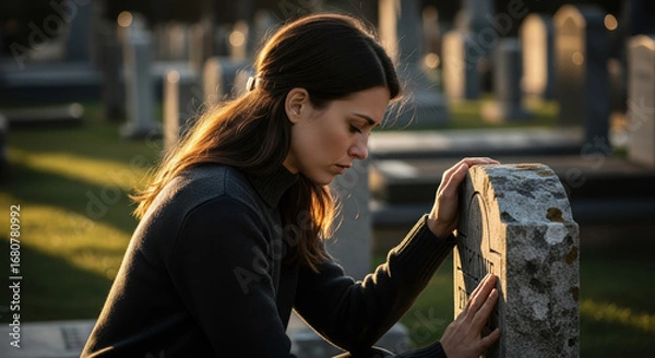 Fototapeta Woman at grave, grieving for lost loved one, resting hands on the headstone in a cemetery. Woman at grave during twilight, finding solace in quiet reflection in graveyard,