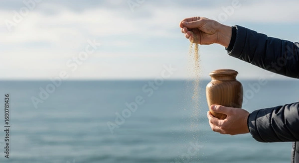 Fototapeta Scattering ashes during memorial service, small urn being used at sea, with hands releasing remains into ocean. Scattering ashes into calm water is a ritual, a way to say a last goodbye to loved one,