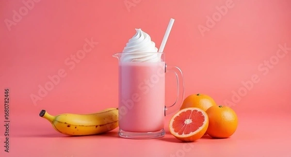 Obraz Pink smoothie with banana and grapefruit on a pink background in studio