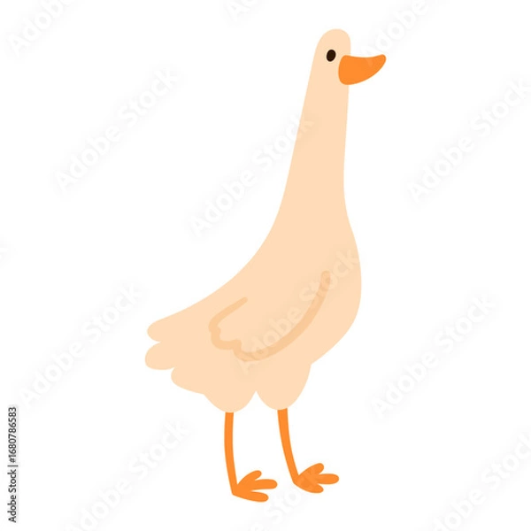 Fototapeta Simple flat standing goose with long neck and webbed feet, isolated on white. Suitable for kids content, farm themes, and animal projects