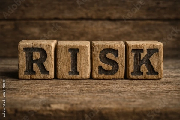 Fototapeta The Risk Cubes: RISK spelled out in wooden cubes, a classic symbol for uncertainty and potential loss, resting on a textured wooden surface, evokes thoughtfulness, strategy and challenge