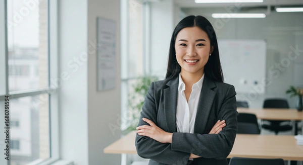 Fototapeta Portrait of a smiling asian businesswoman in a suit with arms crossed in an office setting near a window