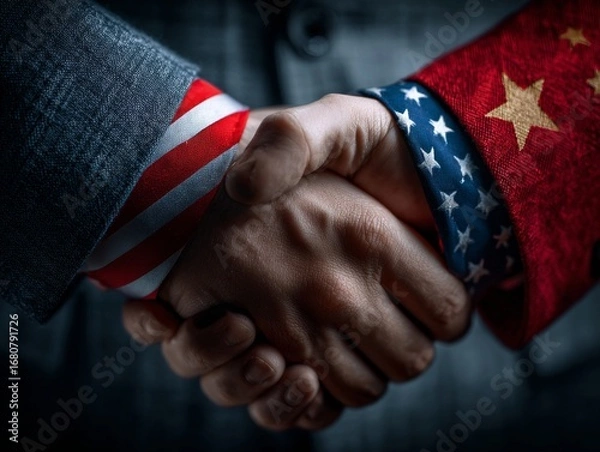 Fototapeta Handshake between American and Chinese individuals, symbolic representation
