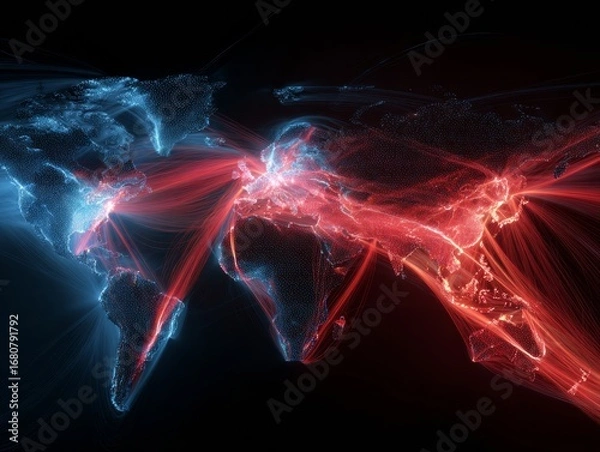 Fototapeta Global network connections visualized with light trails