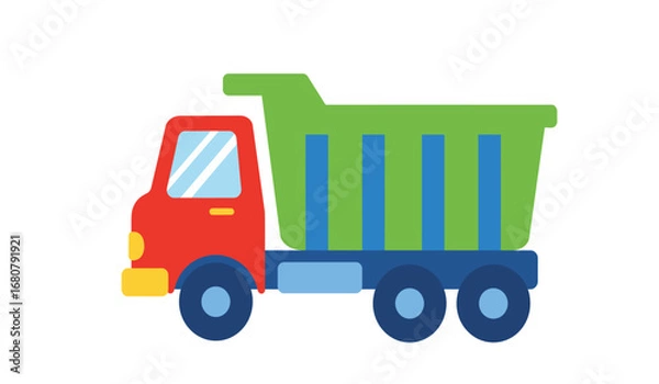 Fototapeta Brightly colored cartoon dump truck with a red cab and a green striped cargo bed isolated on a white background for children s illustrations