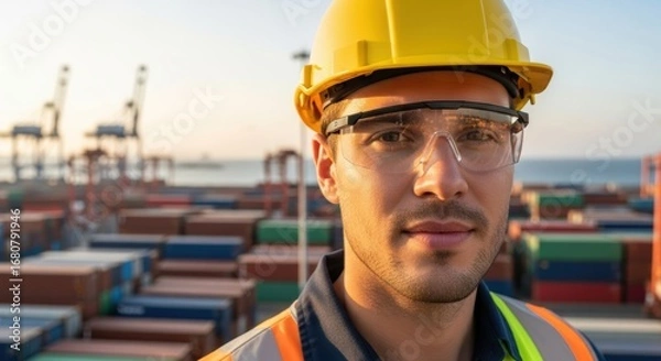 Fototapeta Confident engineer at container port wearing safety gear against industrial backdrop