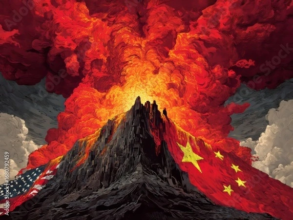 Fototapeta Volcanic eruption with flags of the USA and China