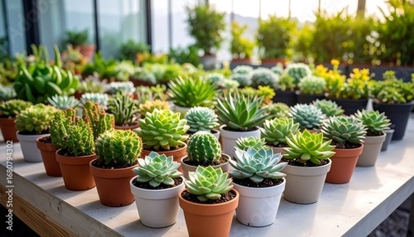 Fototapeta Numerous succulents in small terracotta and white pots arranged on a table, bathed in sunlight