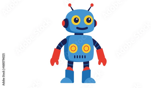 Fototapeta Adorable blue cartoon robot character with big eyes and red gloves standing with a friendly expression on a white background