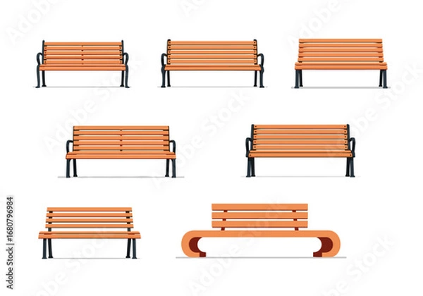 Fototapeta Collection of Outdoor Wooden Park Benches Various Styles and Designs for Public Spaces