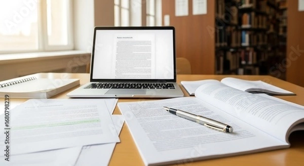 Fototapeta Open laptop with research papers and fountain pen on tidy desk, blurred university library background, academic stock photography for professional education and learning themes