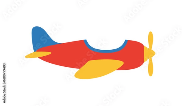 Fototapeta A charming and colorful cartoon illustration of a classic red biplane with a blue tail and yellow wings ready for adventure