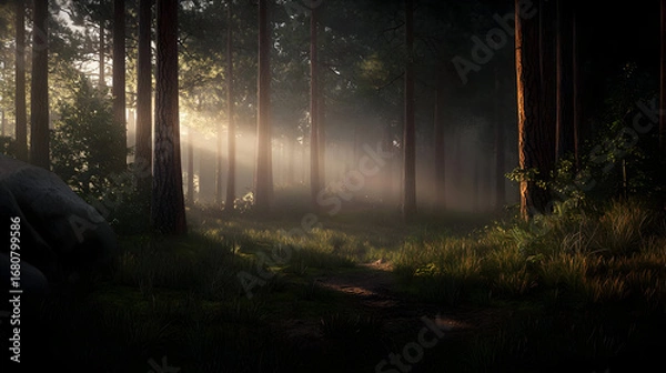 Fototapeta Misty Forest Path With Sunlight