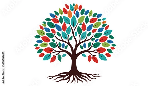 Fototapeta Vibrant abstract tree with colorful mosaic leaves and strong roots symbolizing growth nature and interconnectedness against a clean white background