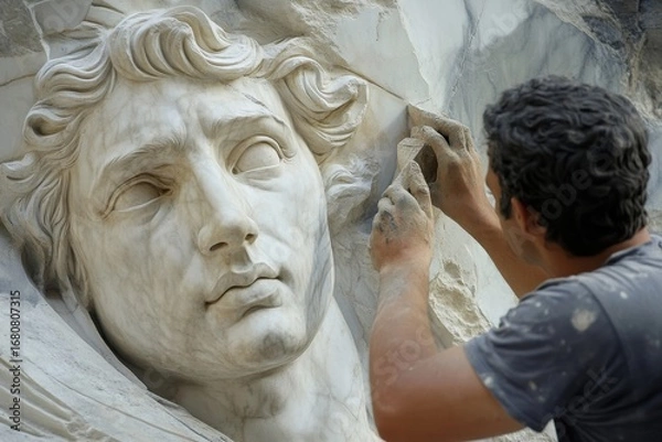 Fototapeta Sculptor meticulously carving marble statue in studio during daytime work session