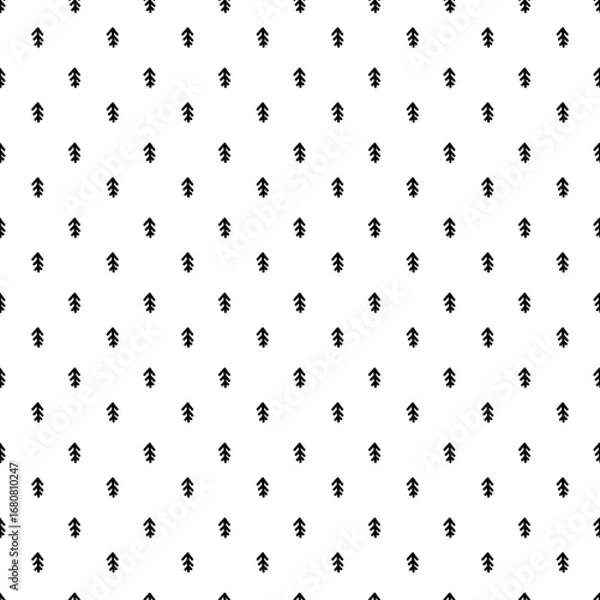 Fototapeta Pattern doodle mini schematic Christmas trees of the same size. The line is black on white. Seamless texture. Cute children's drawing. Shape, symbol repeating in rotation. Minimalistic linear style