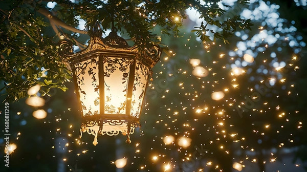 Fototapeta Pixilated Golden Lantern Hanging In Tree At Night