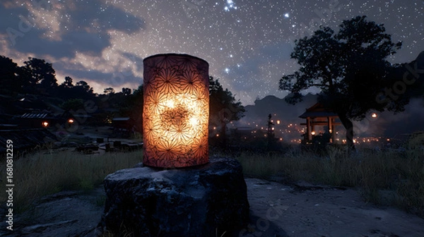 Fototapeta Glowing Lantern In A Starlit Village