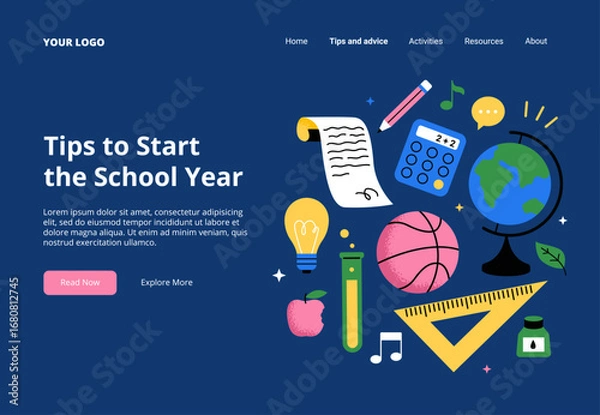 Fototapeta Start the school year. Colorful vector elements of school subjects and education. Perfect for promotion materials, school projects, and creative teaching designs.