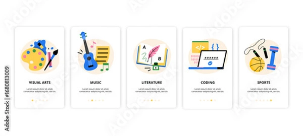 Fototapeta A vector illustration of school subjects and education. Includes arts, music, literature, coding, and sports. Perfect for learning apps and creative teaching designs.