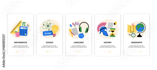 Fototapeta A vector illustration of school subjects and education. Includes math, science, languages, history, and geography. Perfect for learning apps and creative teaching designs.