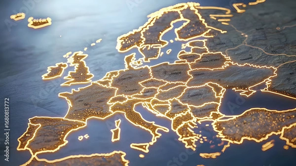 Fototapeta Europe Map With Golden Illuminated Borders