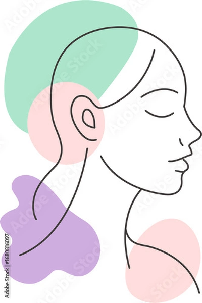 Fototapeta Elegant minimalist line drawing of a woman face profile with abstract pastel shapes. Perfect for modern wall art, posters, prints, home decor, fashion, and contemporary design projects.