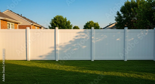 Fototapeta A view of a white vinyl fence in a backyard with green grass and houses in the background under a blue sky
