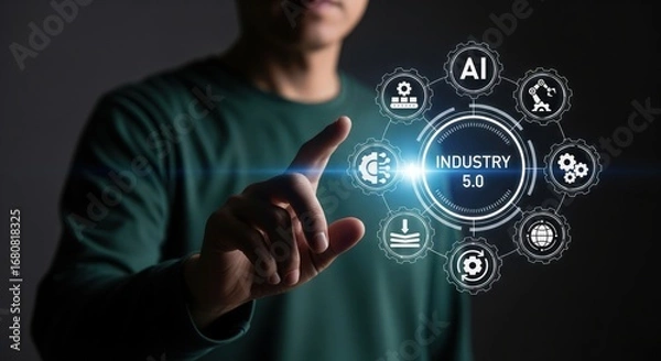 Fototapeta A person reaches to floating industry 5.0 icons arranged like gears in dark futuristic space, industry 5.0, manufacturing 5.0, 5.0 technology