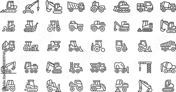 Obraz Industrial construction vehicle icons in line style, outline heavy equipment set, vector illustration.  