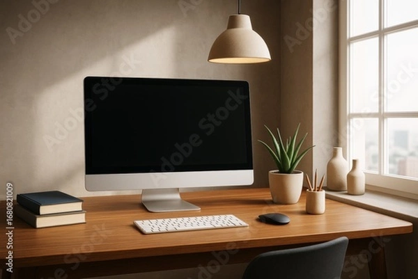 Fototapeta Modern workspace with desktop computer and decor on wooden desk in cozy room with natural light and soft shadows from window and pendant lamp.