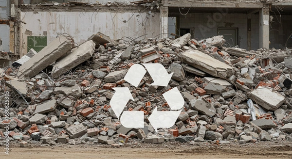 Fototapeta Pile of rubble with a recycling symbol overlayed in front of a partially demolished building site