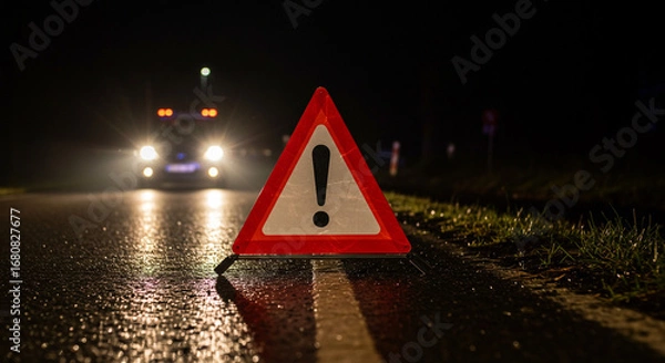 Fototapeta A warning triangle on a wet road at night with car headlights approaching in the background ahead light