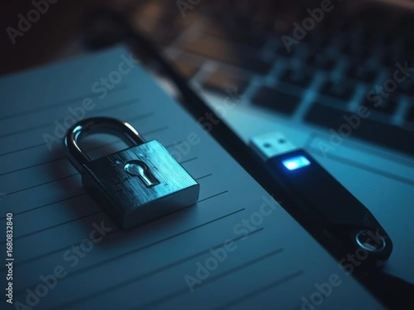 Fototapeta Cybersecurity Concept with Padlock and Glowing USB Drive on Laptop