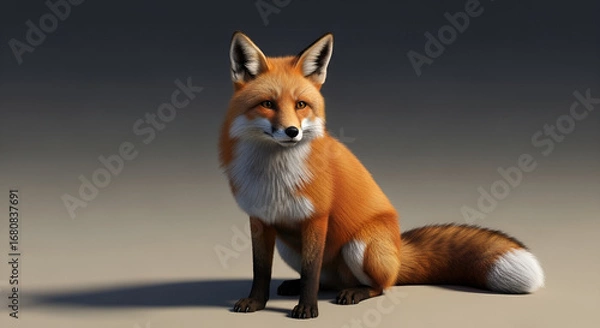 Fototapeta A beautiful red fox sitting and looking alert, isolated on white background
