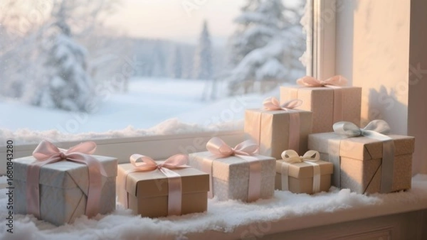 Fototapeta 창가에놓인예쁜선물상자들과겨울풍경