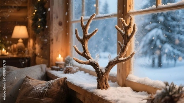 Obraz 창가의사슴뿔나무장식과눈내리는겨울풍경