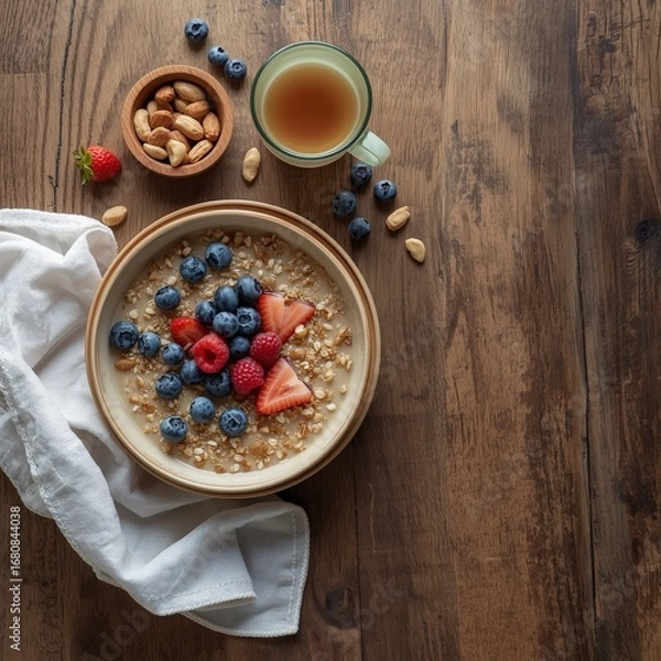 Fototapeta Healthy bowl of oatmeal with fresh berries, nuts, and a glass of milk for a balanced breakfast