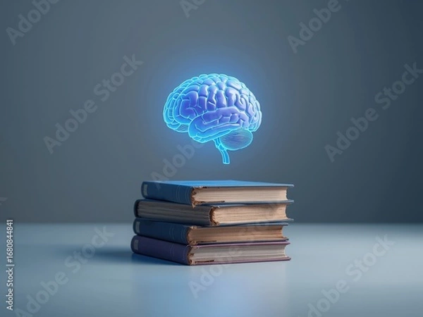 Fototapeta A student gains wisdom and knowledge from a large stack of books, a laptop, and other objects for learning