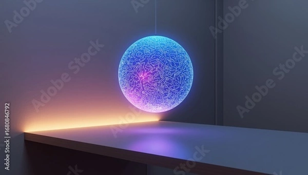 Fototapeta Futuristic Glowing Sphere with Neon Lights in Minimalist Room