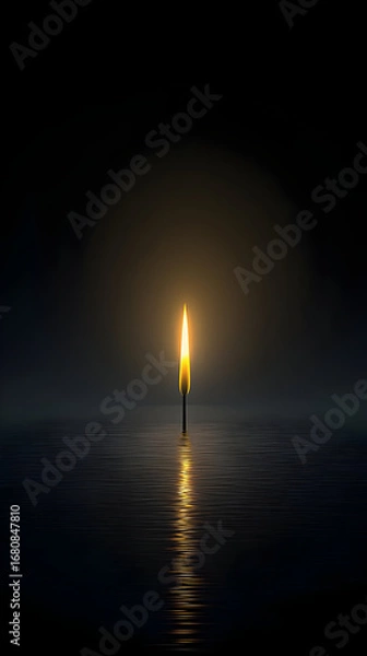 Fototapeta Single Candle Flame Reflecting On Water In Dark Night