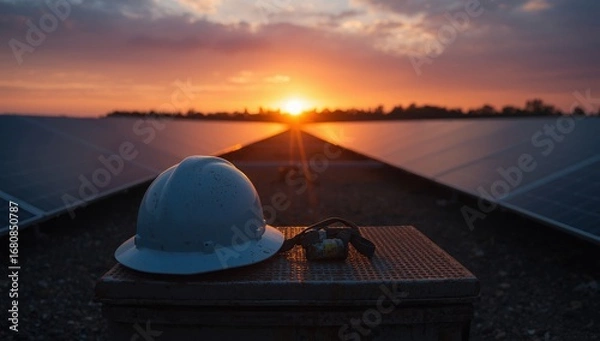 Fototapeta Red sunset over a vast desert landscape with silhouetted mountains and a vibrant orange sky