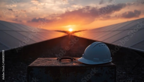 Fototapeta A lone satellite dish on a rooftop catches the fiery hues of a sunset over the sea and distant mountains
