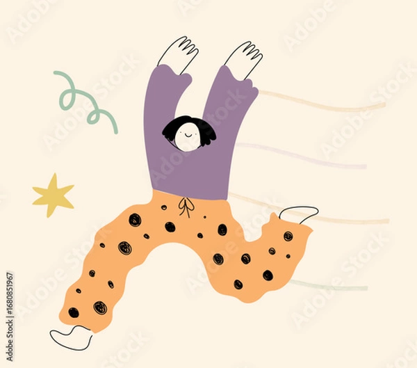 Fototapeta 
Quirky abstract character isolated. Happy doodle woman running with excitement celebrating a win. Cute vector illustration in hand drawn line art style.