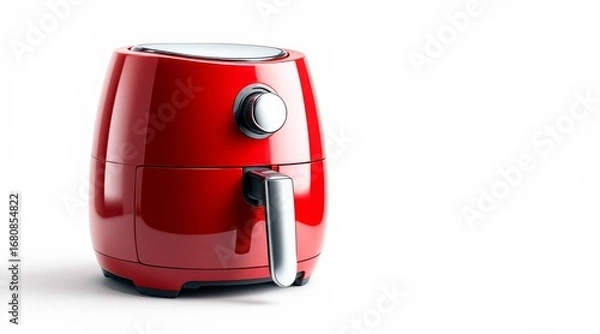 Fototapeta Sleek Red Air Fryer with Chrome Accents on White Background