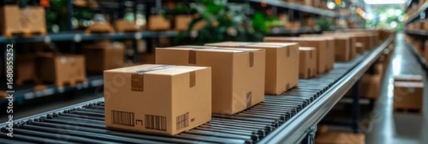 Fototapeta Streamlined warehouse operations: line of packaged cardboard boxes with barcodes moves continuously on industrial roller conveyor belt, highlighting automated shipping and efficient inventory manageme