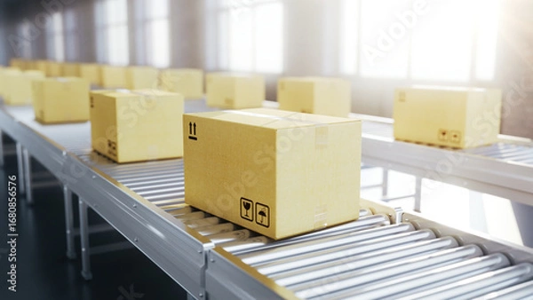 Fototapeta Cardboard boxes on conveyor belt rollers - Shipping goods, parcels, delivery concept. 3d illustration